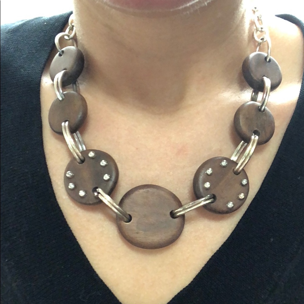 Metal and Wood Studded Statement Necklace